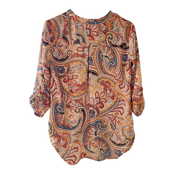 CURE Floral Orange Blue Roll-Tab V-Neck Pull-On Blouse‎ Top Size M/Small — Used, - Picture 2 of 14